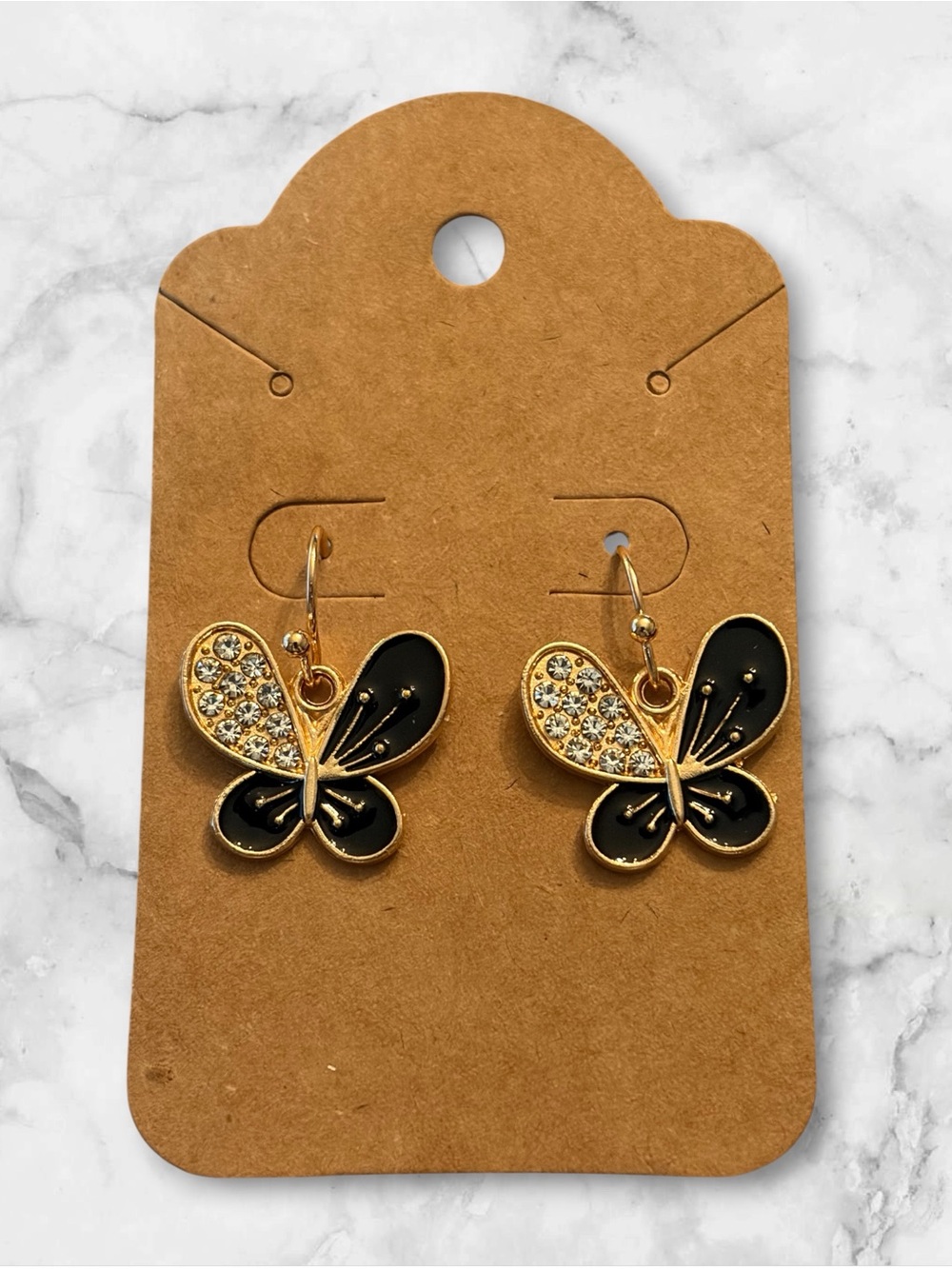 Gold Butterfly Drop Earrings with Black Enamel and Crystals